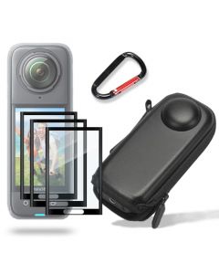 HUADU - Protector de visualización (3+1 unidad), compatible con cámara Insta360 X4, marco de borde curvado 3D antiarañazos, alta definición y carcasa dura, funda de transporte de viaje, color negro