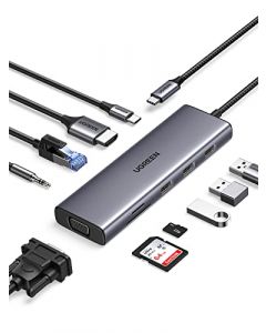 UGREEN Hub USB C, 10 en 1 USB C Hub Adaptador a Monitor Doble 4K HDMI y VGA, Gigabit Ethernet, 3 USB 3.0, Lector Tarjeta SD TF, 3.5mm Audio Jack y 100W Power Delivery Compatible con Portátil, Tableta