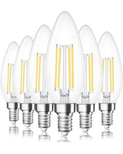 HORKEY Regulable E12 LED Clásico Candelabro Claro Bombillas, Equivalente 60W, 550 lúmenes, Filamento Claro Candelabro de Cristal B11 Bombilla, UL Listed Paquete de 6 (Luz cálida 3000K, Paquete de 6)