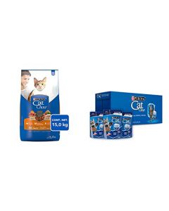 Purina Cat Chow Comida para Gato, Adulto, Deli Mix, 15.0 kg + Cat Chow Defense Hydro Adulto Pollo Alimento Húmedo Pack 24 Pzas de 85g