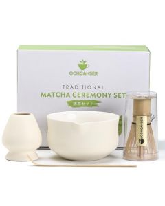 Ochcahser - Juego de té japonés incluye tazón de matcha con boquilla, soporte para batidor de matcha (chasen), batidor de bambú y cuchara de bambú, kit de matcha de cerámica para amantes del té