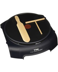 T-fal Crepera eléctrica con antiadherente Crep'party Compact negra con Thermo-Spot, incluye esparcidor de masa y espátula de madera, PY301072