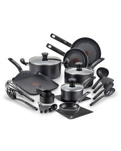 T-fal Initiative batería de cocina de 20 piezas con antiadherente Easy glide, Termo Señal y base difusora, compatibilidad con cualquier fuente de calor excepto inducción, color negro, B207SK84