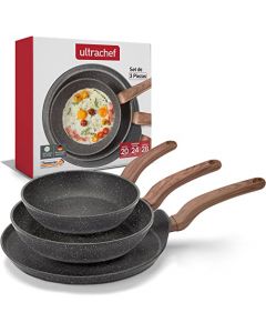 Ultrachef Juego de 3 piezas de Sartenes y Crepera con Revestimiento Antiadherente de Piedra de Alemania 100% libre de PFOA. Set de 3 Piezas (Sartenes 20 cm y 24 cm y Crepera 28 cm)