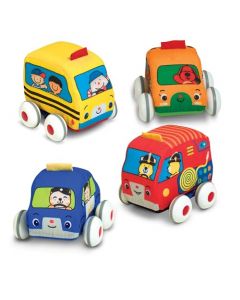 Melissa & Doug Vehículos de Tracción, Set de Juguetes Suaves para Bebés y Niños Pequeños, 4 Carros y Camiones y Estuche Para Llevar