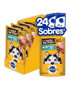 PEDIGREE High Protein Alimento Húmedo para Perros Adultos Sabor Cerdo y Res 24 Sobres 85g c/u