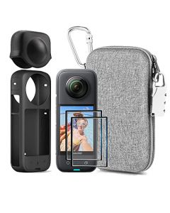 LEWOTE 7 en 1 compatible con Insta360 X3 Kit de accesorios [funda de silicona para cámara y tapa de lente] [2 piezas de película protectora de visualización 3D] [bolsa de transporte con mosquetón de