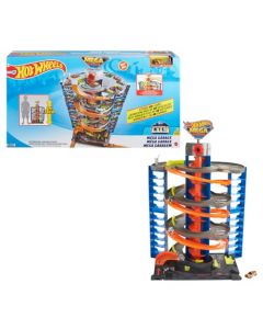 Hot Wheels City, Mega Garage, Pista de Juguete, con 1 Vehículo a Escala, con Ascensor Giratorio, 4+ Años