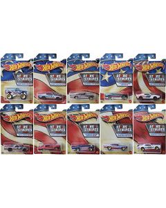 Hot Wheels - Juego de coche exclusivo de la serie 10 de American Stars and Stripes, incluido con Camaro, Plymouth, Barracuda, Mercury Cougar, Chevy Blazer/El Camino, 10 unidades, rojo, blanco y azul