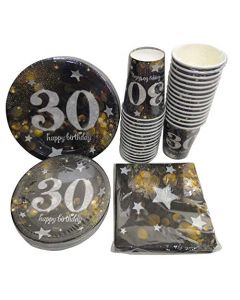 Sirve 30 platos de papel para cena de cumpleaños de 9 pulgadas, platos de papel de postre de 7 pulgadas, tazas de 12 onzas, servilletas de 3 capas, tema de fiesta de 30 cumpleaños