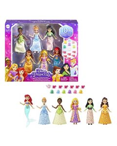 Mattel Disney Princess - Juego de Fiesta de muñecas pequeñas con 6 muñecas de Princesa posibles en Ropa Brillante y 13 Accesorios para el té