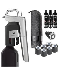 Coravin Timeless Six Plus - Sistema de conservación de vino y aireador - Incluye 3 cápsulas de gas argón, 6 tapones de rosca, aireador y funda de transporte - Plata