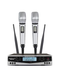 SOMLIMI SKM9100 UHF Sistema de micrófono inalámbrico Profesional de 2 canales 2 de Mano para Cantar Escenario Actuaciones Inicio KTV Partido Mostrar Rap Karaoke Boda Iglesia Discurso (Blanco)