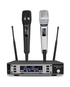 SOMLIMI EW135G4 UHF Sistema de micrófono inalámbrico Profesional de 2 canales 2 de Mano para Cantar Escenario Actuaciones Inicio KTV Partido Mostrar Rap Karaoke Boda Iglesia Discurso (Negro+Blanco)