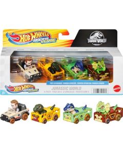 Hot Wheels RacerVerse Vehículo de Juguete Cuatro Autos de Carrera Jurassic World para niños de 3 años en adelante