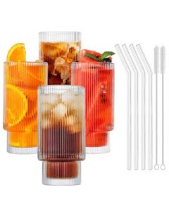 Vasos de Vidrio Acanalados, E T EASYTAO 350ml Juego de Vasos de Cristal con Popotes, Termo Clásico con 4 Popotes de Vidrio Y 2 Cepillos de Paja, Para Cerveza, Café Helado, Whisky, Capuchino (4 PCS)