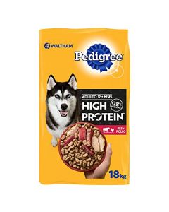 PEDIGREE High Protein Alimento Completo y balanceado para Perros Adultos de Todas Las Razas y tamaños. Sabor Res y Pollo 18kg