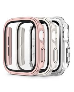 Mugust - Paquete de 3 fundas rígidas para PC compatibles con Apple Watch Series 6 SE Series 5 Series 4 40 mm, funda protectora completa con protector de pantalla de vidrio templado para Apple Watch 40 mm, Oro rosa/Luz de estrella/Transparente