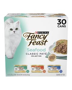 Purina Fancy Feast Grain Free Pate Wet Cat Food Variety Pack; Seafood Classic Pate Collection - (30) 3 oz. Cans