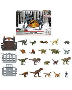 Mattel Jurassic World Dominion 2023 Calendario de Adviento de día festivo, cuenta regresiva de 24 días, sorpresa diaria de mini dinos, humanos y piezas de puerta