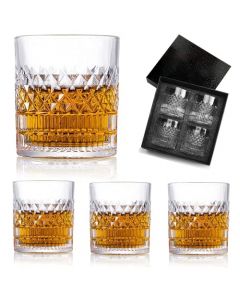 OPUEW Juego de 4 Vasos para Whisky, con 4 Vasos de Cristal para Whiskey 330ml y Caja de Regalo de Lujo, para Cognac, Vodka, Bourbon y Más, Ideal Regalos para Hombre, Papa, Novio, Marido