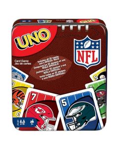 Mattel Games UNO NFL - Juego de Cartas para niños y Adultos, Juego de Viaje con Logotipos del Equipo de la NFL y Regla Especial en Caja de Almacenamiento (Exclusivo de Amazon)