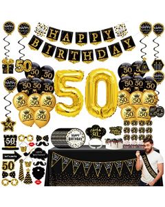 Decoraciones de cumpleaños 50 para hombres y mujeres, paquete de 76 pancartas de fiesta de oro negro, banderín, remolino colgante, globos de cumpleaños, manteles, decoración de cupcakes, corona, platos, accesorios para fotos, faja para regalos