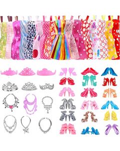 ANGECM8 32 Piezas Ropa y Accesorios para muñecas, 10 Piezas Vestidos de Fiesta, 6 Piezas de Zapatos,6 Piezas Corona, 6piezas Collar Accesorios para Barbie de 11inch/30 cm， cumpleaños，Navidad Regalo