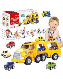 Carritos Juguetes para Niño, 5 en 1 Camión de Transporte de Coches de Juguete con 3 Mini Coches y 1 Avión, Vehículos de Juguete para Niños con Luz y Sonidos, Regalo para Niños y Niñas (Amarillo)