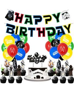 Star Birthday Party Supplies, Wars Theme Party Decorations Set include Latex Balloons, Happy Birthday Banner, Cake Topper for Star and Wars Fans Birthday Party Decorations