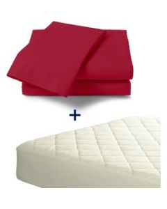 Paquete Sábana Algodón Percale Rojo + Protector Acolchonado Hueso - King Size