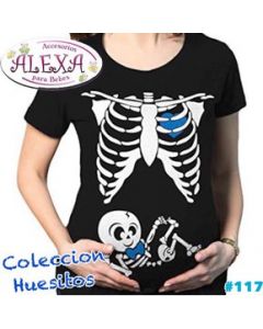 Playera de embarazada maternidad halloween esqueleto niño moño azul - S